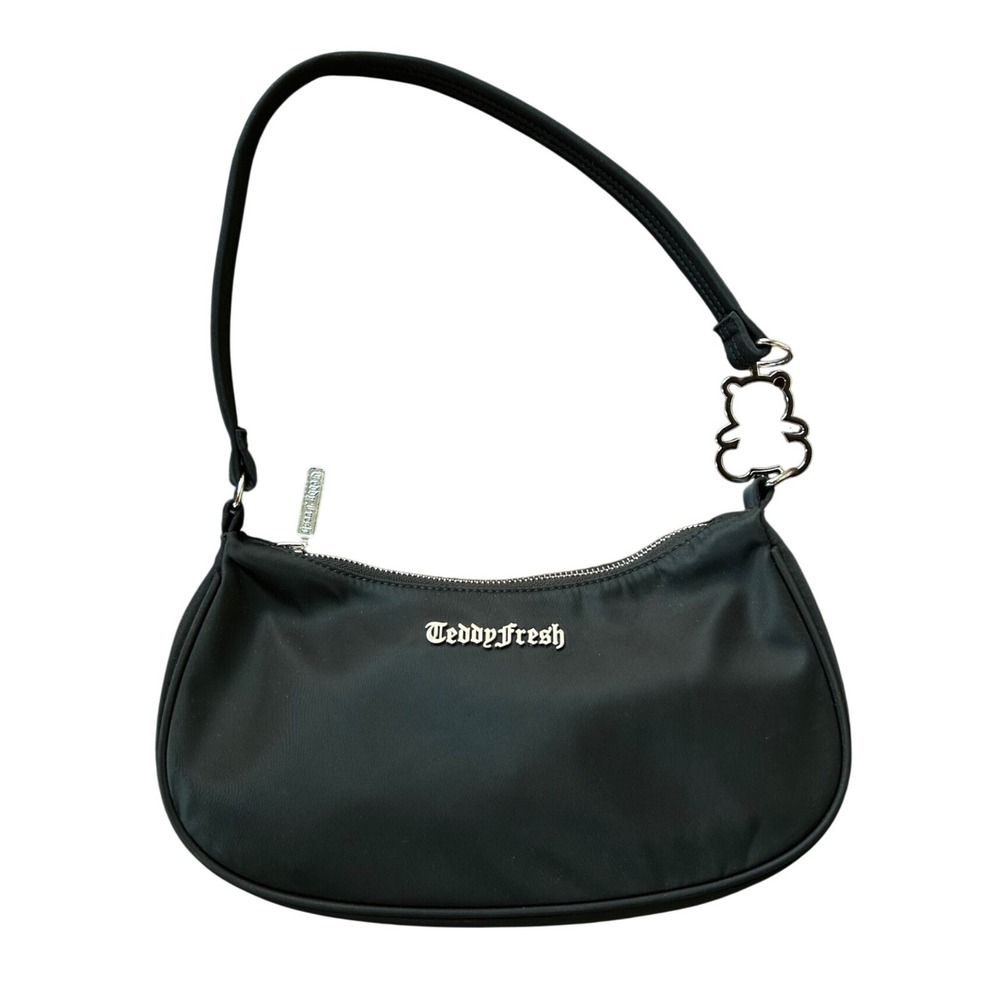 Teddy Fresh Oh You Fancy Black Nylon Shoulder Bag Purse Silver Teddy Charm Y2K